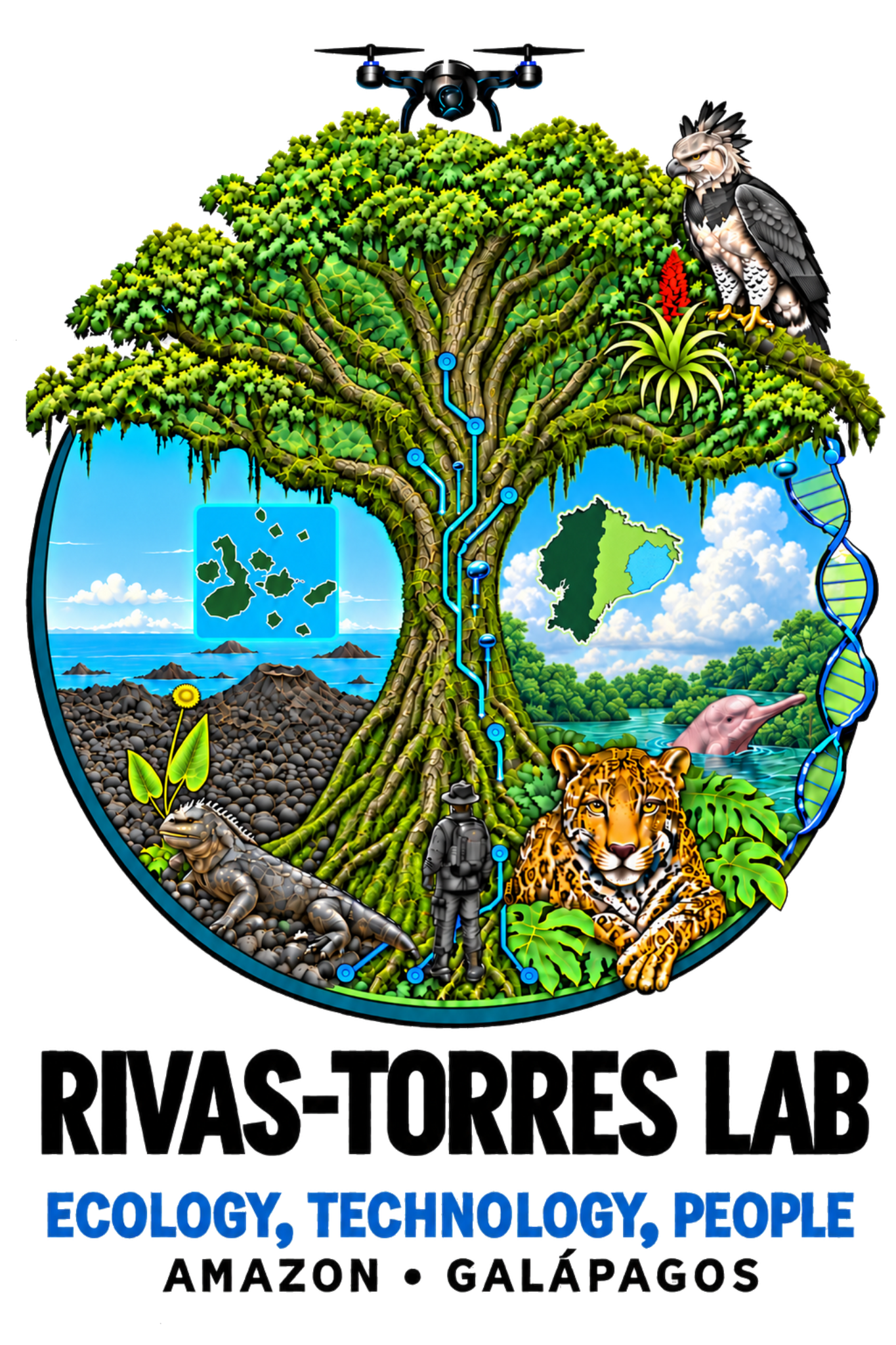 Full-color Rivas-Torres Lab logo — Ecology, Technology, People — Amazonia and Galápagos